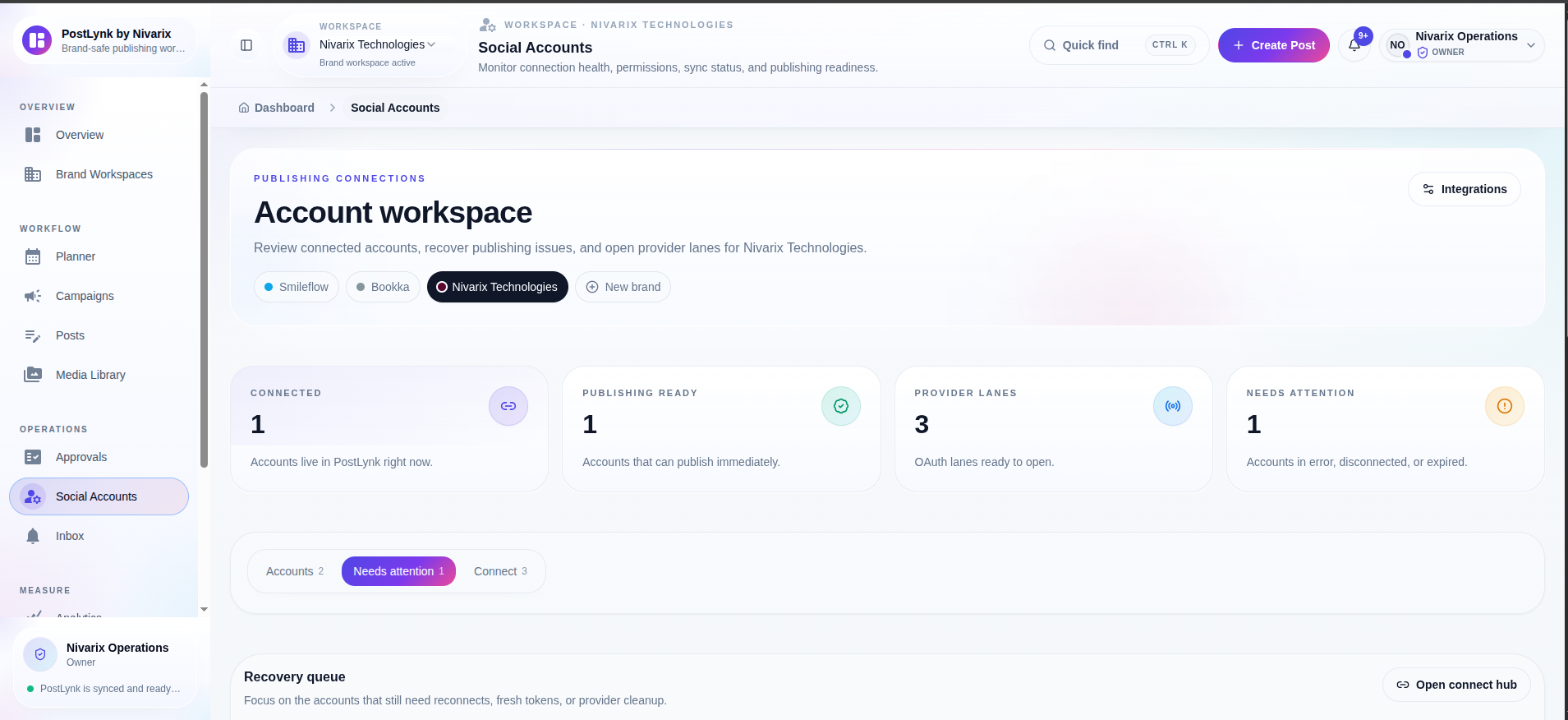 PostLynk social accounts workspace screen